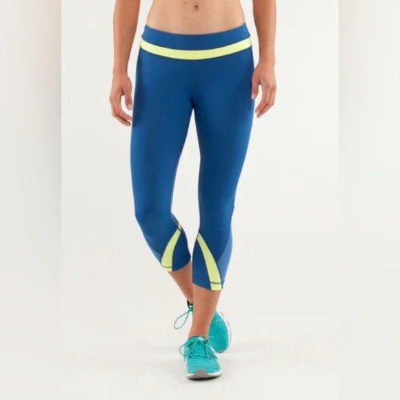 Lululemon Run Inspire Crop II Limitless Blue / Clarity Yellow Leggings - Size 6 - Picture 1 of 10